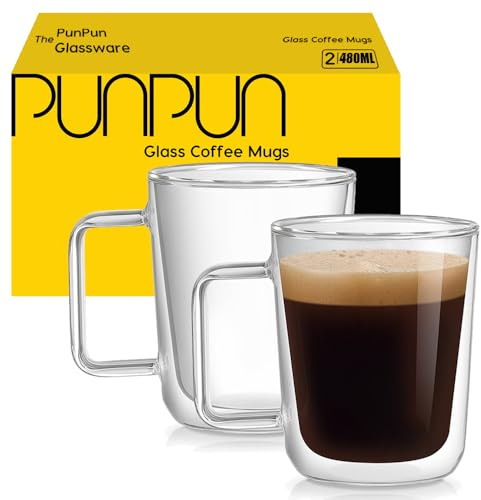 PunPun Clear Coffee Mugs Set of 2，Large Clear Glass Coffee Mugs with Big Handle, Thermal Glass Double Walled Drinking Glass, 480ml 16.5OZ.