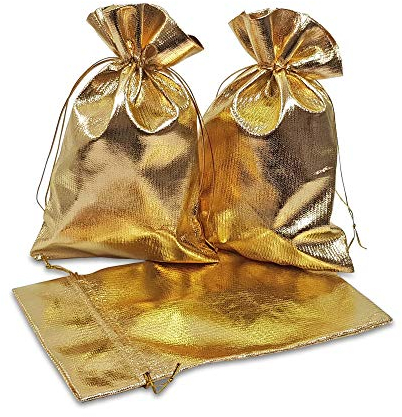Frau WunderVoll® 12 Geschenksäckchen Gold 20 x 13 cm Adventskalender Säckchen Metallic Stoffbeutel zum Basteln und befüllen Gastgeschenk Hochzeit