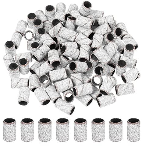 minkissy 100Pcs Nail Sanding Bands Drum Sander 180 Grit Fine Grit Nail Art Sanding Bands Bit Nail Drill Manicure Sleeves File Refill for Fingernail Sanders White