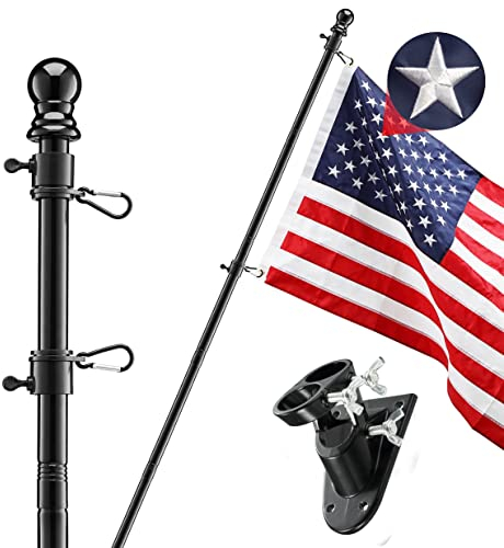 SANDEGOO Fahnenmast-Set für Haus, 2,9 m Fahnenmast mit Wandhalterung und amerikanischer Flagge, rostfrei, verheddert, Fahnenmast für Haus, Hof, Wohn- oder Gewerbe, Schwarz