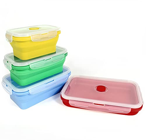 Kingmate 4er Set Food Storage Container Silikon Faltbare Vorratsdosen Frischhaltedosen-Set Frischalteboxen Kühlschrank-Dosen mit Deckel, BPA-frei Spülmaschinen Mikrowellen Geeignet, Mehrfarbig D