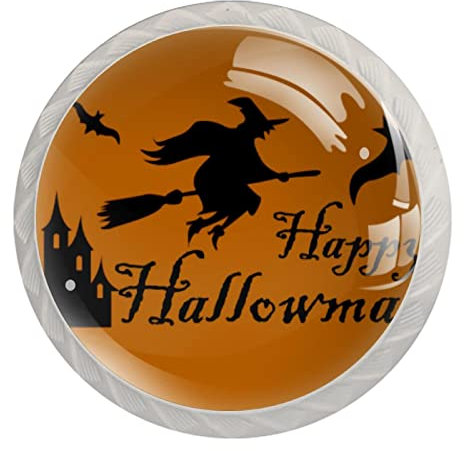 Happy Halloween Witch Riding Broom Round Dresser Knobs Set of 4 Drawer Pulls Handles 35mm Diameter Drawers Knob for Modern Cabinet Hardware