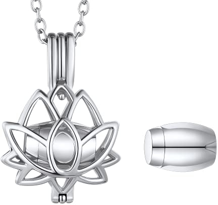 FindChic Urne Anhänger für Damen Herren Lotus Halskette Memorial Gedenken Anhänger für Asche/Öl/Haar Silber Blume kette Freundschaftskette Silber