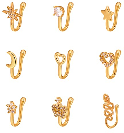 Gilieyer 9Pcs Faux Anneaux De Nez, Faux Nez Piercing Bijoux Clip On Nez Anneau Septum Cartilage Tragus Anneau Non Piercing Nez Anneau Or Africain Nez Cuff pour Femmes Hommes (9pcs)