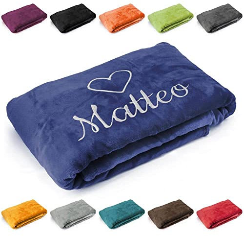 Kuscheldecke 'Herz' - Geschenk zu Valentinstag, Geburtstag, Hochzeitstag, hochwertig Bestickt, 200cm x 150cm extra weiche und gemütliche Sofadecke/Wohndecke, Farbe: Marineblau