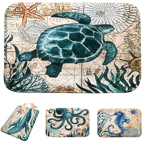 Adalex Global Sea Animals Bath Mat - 40x60cm Bathroom Mat Memory Foam- Non-Slip Cute Bath Mats for Toilet and Shower - Soft and Absorbent Bath Rug (Turtle)