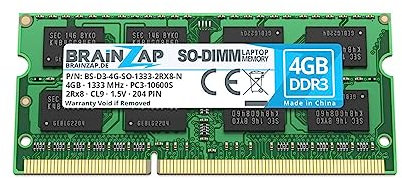BRAINZAP Memoria RAM DDR3 SO-DIMM PC3-10600S 2Rx8 1333 MHz 1,5 V CL9 para portátil