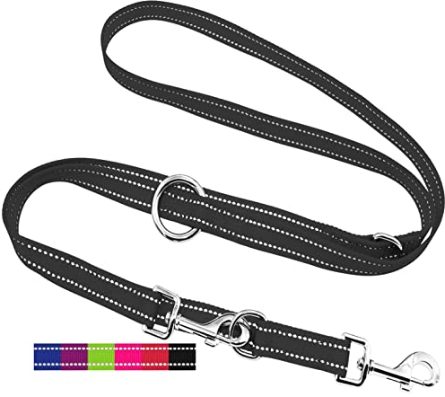 DEY - Premium Hundeleine Nylon 2m | Reflektierend | 3fach Verstellbar | für Kleine, Mittelgroße u. Große Hunde | viele Farben |Doppelleine Hund | Schleppleine | Führ-Leine | Welpenleine | Schwarz, S