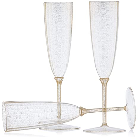 Decor Decorline - 48 x Flûtes à champagne à pied en plastique Dur de Qualité Supérieure, Verres à Champagne Réutilisables pour Mariages et Fêtes, 170 ml paillettes d'or - Réutilisables et Stables