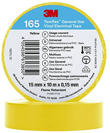 3M Temflex Cinta eléctrica de vinilo 165, amarillo, 15 mm x 10 m, 100 rollos/caja