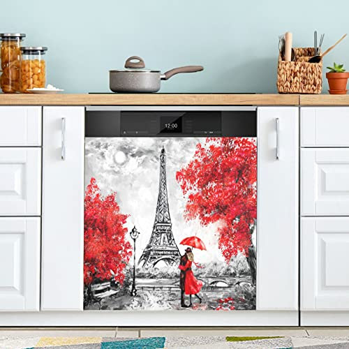 Oil Painting Paris European City Landscape Dishwasher Magnet Cover Refrigerator Panel Decal Deco for Cabinet Kitchen Laundry Room Gift 23  x 26 