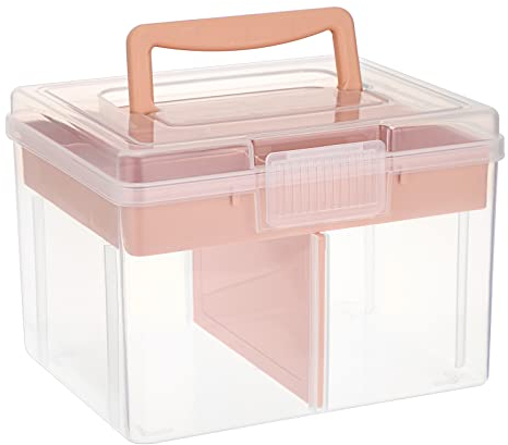 IGNPION Clear Craft Stackable Storage Box with Storage Tray Plastic 6-compartment Mulit Purpose Storage Container for Storing&Organising Toys, Arts Crafts, Stationery, Sewing, Fishing Tackle, Pink