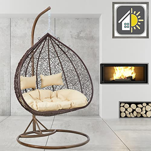 GOODS EMPORIUM Premium Hanging Double Egg Chair Outdoor Garden Swing Chair Hammock Chair with Cushions - FREE COVER INCLUDED (Double, Brown - Brown - Beige)