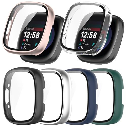 RuenTech Hard PC Schutzhülle für Fitbit versa 4, Hülle Mit Glas Displayschutz, schutzfolie Glas Abdeckung für Fitbit Sense 2 Hülle Watch-Zubehör (6 Farben)