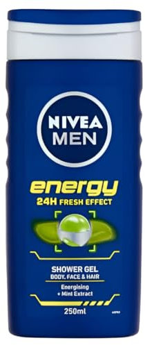 Nivea Shower Gel 250 ml Men Energy Mint Extract Cleansing Energising Caring for All Skin Types 24H Fresh Effect Body, Face & Hair 99% Biodegradable Formula (Pack of 5)