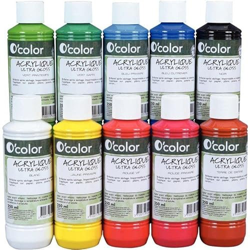 Lot de 10 flacons de 250 ml de peinture acrylique O'COLOR couleurs assorties