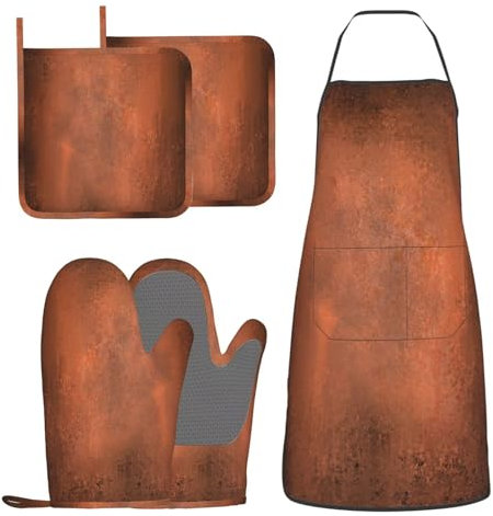 BOKEKANG Lot de 5 gants de cuisine et maniques en cuivre avec tablier, peinture en silicone, martelé, abstrait, orange, marron, gants de cuisine et maniques résistants à la chaleur