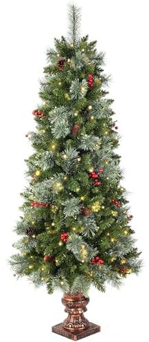 Pre-lit Artificial Christmas Tree 150/5ft,Potted Decorated Pine Xmas Tree with 150 Warm White LED Lights & 18 Red Berry & 14 Pinecone for Indoor Outdoor