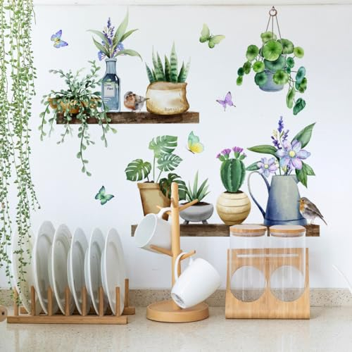 Runtoo Green Potted Plant Wall Decal Hanging Tropical Flower Wall Stickers Office Nursery Living Room Bedroom Kitchen Decor