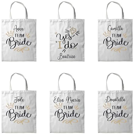 6 Shopping Bag Borse in Cotone Personalizzate con Team Bride Nomi Sposa Damigelle Amiche Damine Idea Regalo Donna Addio al Nubilato Shopper con Manico Comoda Ecologica Riutilizzabile Stampa Rosa