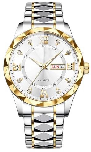 rorios Herren Elegant Quarz Armbanduhr Klassische Edelstahl Herrenuhren Diamant wasserdichte Uhr Multifunktional Business Uhren für Männer Gold weiß B, AA-ADW013