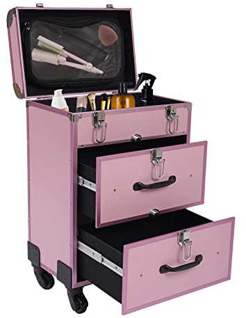 SOLOCJNL Rolling Makeup Trolley Case, Nagellack Organizer mit 2 Schiebeschubladen, 4 Schlössern und Rädern für Friseure, Nageltechniker, Pink