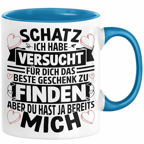 Valentinstag Tasse Geschenk für Ihn Sie Männer Für Paare Freundin Geschenkidee Kaffee-Becher Liebe Schatz Ich Hab Versucht Für Dich Das Geschenk Zu Finden Aber Du Hast Ja Bereits Mich (Blau)