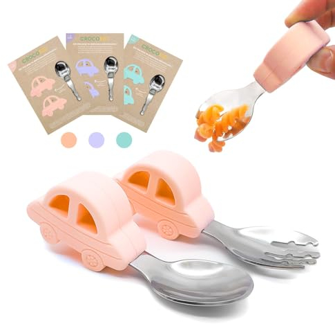 CROCOKID® Set Cubiertos Bebe/Cubiertos aprendizaje bebe 1 año/Cuchara Bebe + Tenedor Bebe/Cubiertos para Coche de Bebe/Vajilla y Cubiertos Infantil, Silicona + Acero Inoxidable (MELOCOTÓN)