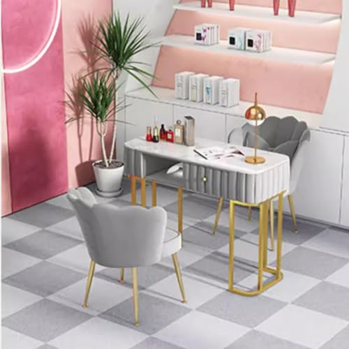 MegLob Modern Indoor Manicure Table for Technician, Tempered Glass Nail Desk for Manicurista, Professional 2-Layer Manicure Tables, Soft Velvet Wrap, Marbling Texture Salon Nail Desk,120cm