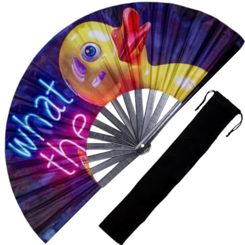 Decorative Rave Hand Fan – Large Folding Fans for Festivals, Drag Queen & Burlesque – Cute Holographic Rave Accessories for Women and Men (What The Duck)