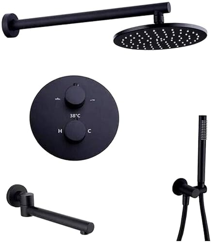 Klassische Dusche, an der Wand montierte, schwarze Thermostat-Badezimmerdusche aus Messing mit rundem 8-12-Zoll-Regenduschkopf, Handbrause und Badewannenhahn, luxuriöses Duschset, 10 Zoll