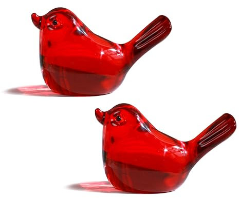 H&D HYALINE & DORA 3 Red Glass Bird Figurine - Miniature Hand Blown Crystal Glass Animals Decorative Collectible