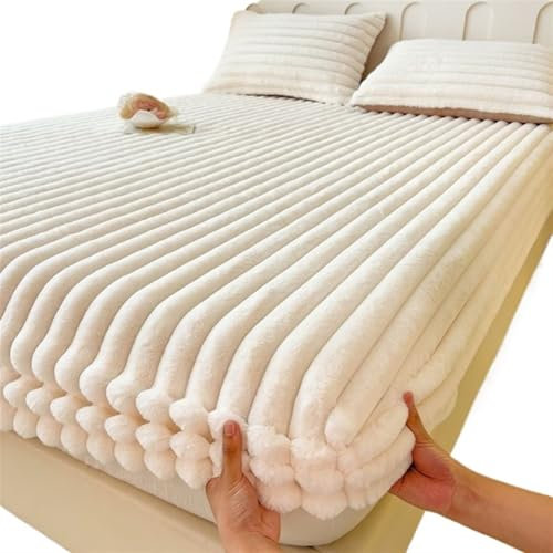 LPHFDCS Winterbettlaken King Queen Bettbezug Samt Matratzenbezug Weiches Studentenwohnheim Bettlaken Winter Warm Verdicktes Spannbettlaken Matratzenschoner PlüSch-Spannbettlaken(Beige White, 90x200cm)