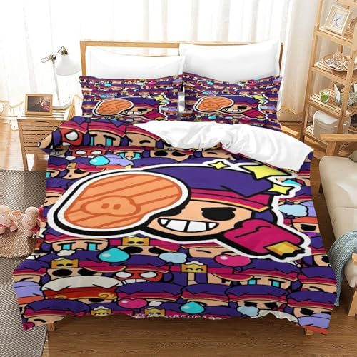 BSTELA9IE Brawl Stars Bettbezug Set 3 Teilig Bettwäsche Set Kinderbettwäsche Reißverschluss Mit Kissenbezügen Betten Set Für Jungen Und Mädchen, Kinder Single(140x200cm)