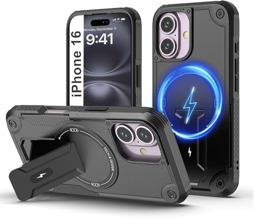 Tuvror for iPhone 16 Case with Stand, Magnetic Phone Case, Black