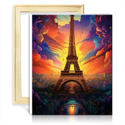 TANGFEIY Kit de peinture à l'huile sur toile France Tour Eiffel Adultes/Enfants/Débutants, avec pinceaux et pigment acrylique Tableau d'art pour décoration intérieure avec cadre (40x50cm)