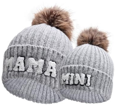 HKYFNNBW 2 x Eltern-Kind-Mütze, Mama und Mini-Stickerei, Strickmütze, Winter, warme Mütze, passende Häkelmütze, grau, Einheitsgröße