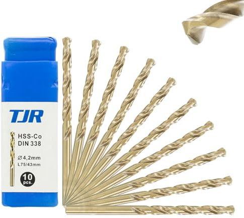 TJR® HSS-E M35 Ø 4,2mm Kobalt Spiralbohrer Set 10 Stück, Selbstzentrierend, Schnellarbeitsstahl, DIN 338 Typ N, 135° Splitterschneide, Metallbohren für Stahl, Edelstahl und Gusseisen
