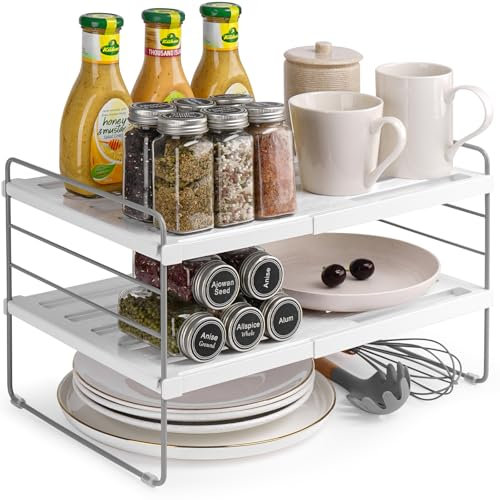 JUPELI Expandable Cupboard Shelf Organiser, Adjustable Kitchen Cabinet Shelf for Worktop or Cupboard, Sturdy Pantry Storage for Plates, Spices & Tins, Easy No-Tool Assembly, Anti-Slip Base (26–41cm)