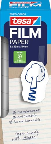 tesafilm PAPER - transparentes Klebeband, beschriftbar, handreißbar, leises Abrollen, ideal für Dekoration, Basteln, Geschenkverpackung, Büro und Schule, 8 Rollen á 19 mm x 33 m