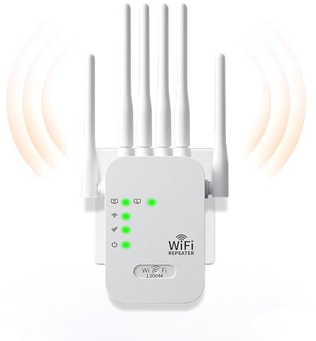 Repeteur WiFi Puissant 1200Mbps Double Bande (5GHz + 2.4GHz), Amplificateur WiFi avec 6 Antennes, Mode Répéteur/Routeur/AP, 2 Ports LAN, Compatible Toutes Box Internet, Intérieur/Extérieur