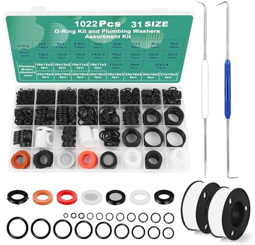 HOTUT 1022 Stück O Ring Sortiment, 31 Größe Gummi Dichtungsringe Set mit gewindedichtband, Unterlegscheiben Dichtringe Schwarz dichtungen für Wasserhähne, Gartenschlauch, Rohrreparaturen