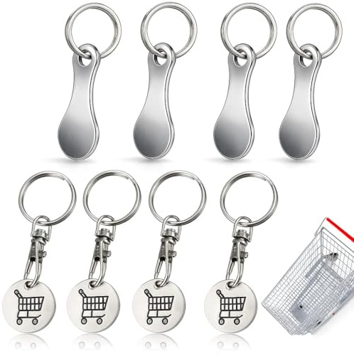 8 Pcs Trolley Coin, Trolley Coin Keyring, 2.5 x 8 cm Removable Troley Key with Keyring, Durable Alloy Troley Tokens for Supermarket Shopping