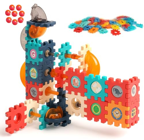 Toyana Kids Marble Run Building Blocks Tiles, 98 PCs Construction Marble Runs Game, Educational STEM Little Ball Maze Toy, Creative Marbles Race Track Gift Play Set for Children 3+ Years