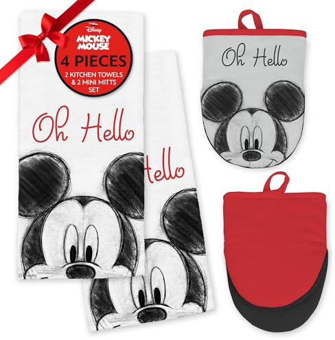Disney Kitchen Towels & Oven Mitts Set – 4 Piece Bundle with 2 Cotton Dish Towels/Hand Towels & 2 Heat Resistant Mini Oven Mitts (Pot Holders) – Absorbent Kitchen Décor Gift Set–Mickey, Stitch & Pooh