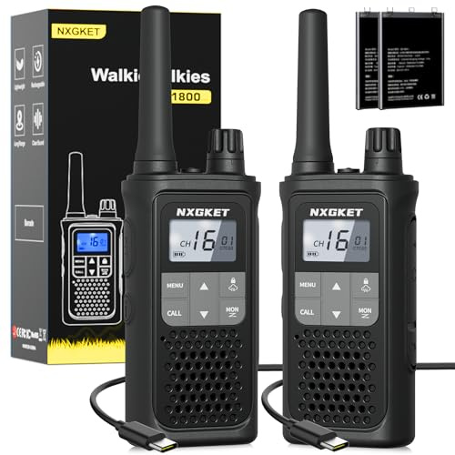 NXGKET Walkie Talkie Profesional Recargable, PMR 446 sin Licencia, Largo Alcance con 1800mAh Batería Incorporada, 16 Canales Radio LCD Pantalla para Camping, 2pcs