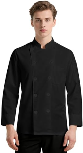 DiULi Kochbekleidung Professionelle, Kochjacke Langarm Unisex mit Knöpfe, Chef Uniform Langarm, Ohne Einlaufen, Schwarz, M