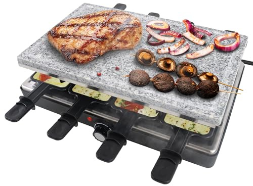 YRHome 1400W Raclette Grill für 8 Personen mit Steinplatte und GrillplatteTischgrill- 8 Pfannen und Holzspatel Stufenlos Regulierbare Temperatur Multi-Grill