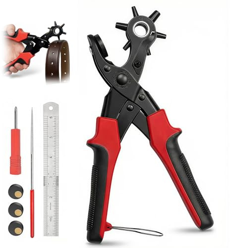 Lochzange für Leder mit 6 Lochgrößen 2-4.5mm - Revolver Lochzange aus Kohlenstoffstahl, Kraftsparendes Hebel System & Rutschfeste Griffe, inkl. Lineal und Ersatzstempel für Gürtel, Taschen, Halsbänder