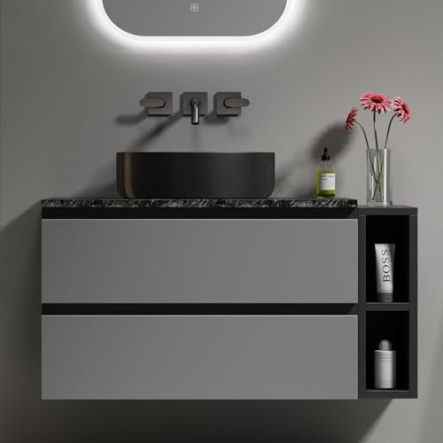 Terahanda Mueble de lavabo suspendido de 80 cm de ancho, con lavabo de cerámica, con cajones, diseño moderno, color negro y gris